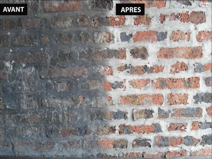 Avant et après du nettoyage par aérogommage de murs en briques