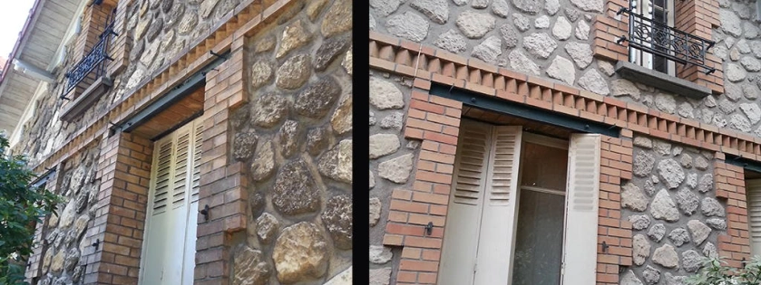 Décapage par aérogommage et nettoyage d'une façade de maison en pierres