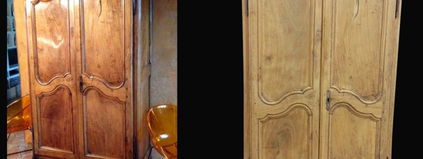 L'avant et l'après du décapage par aérogommage d'une armoire en bois de noyer
